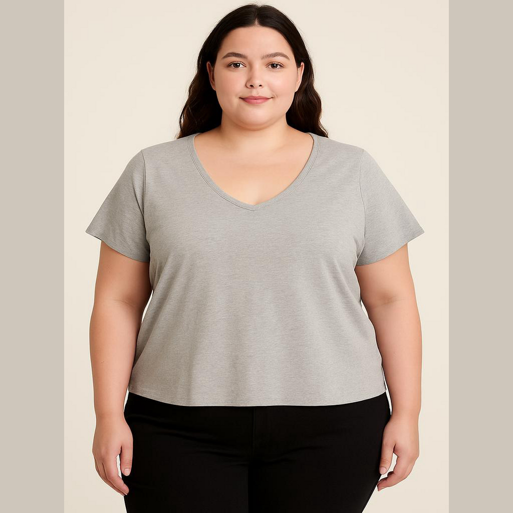One Step Up Womens Plus 2X Beige Ribbed Notch Neck Tee